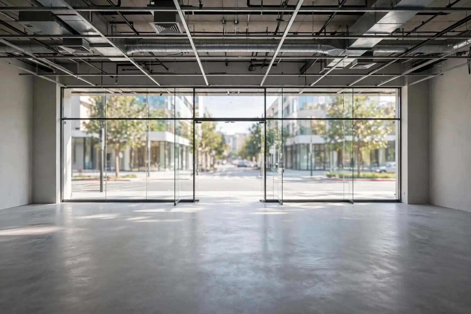 Empty commercial interior with glass storefront, ready for tenant improvement