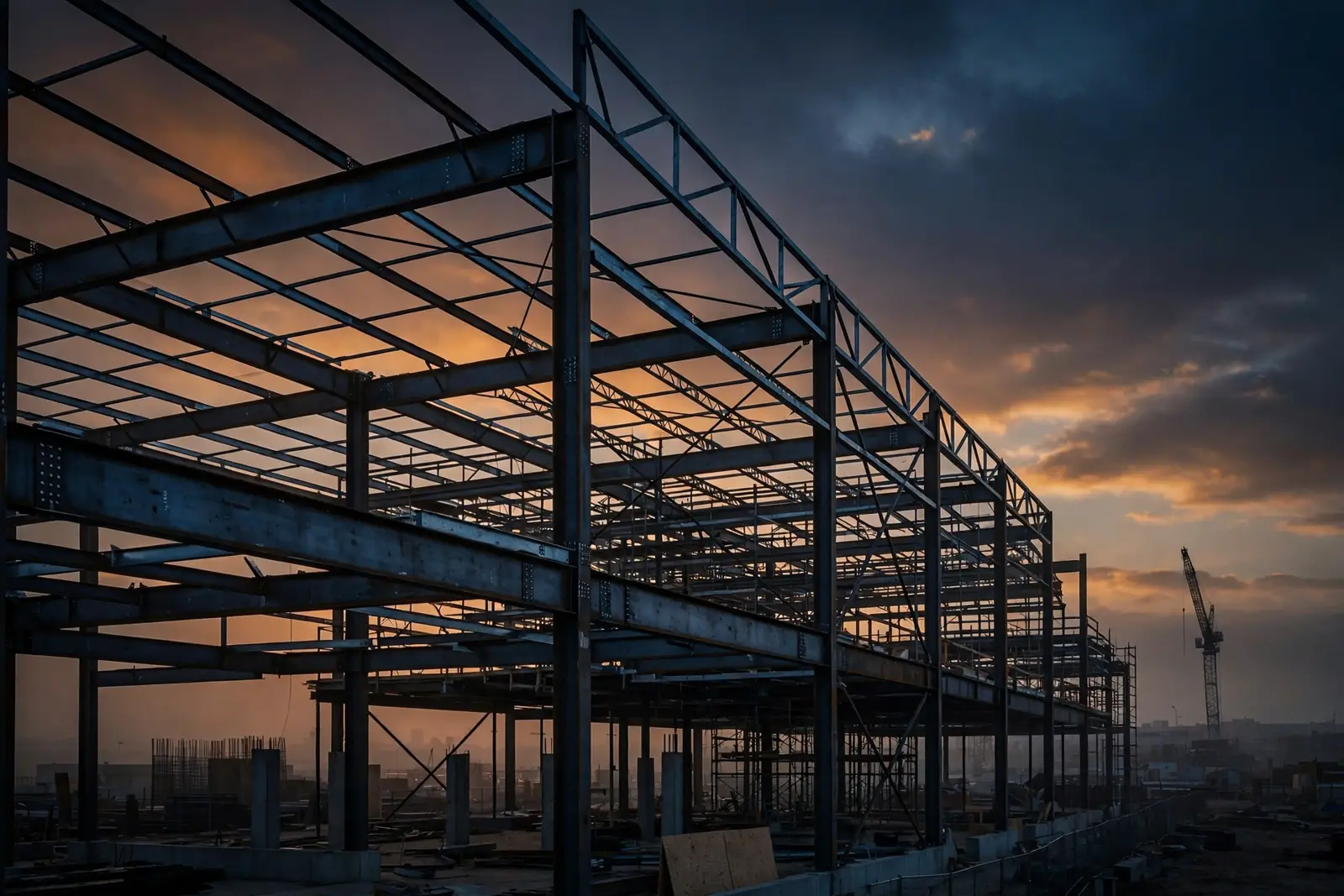 Steel frame of a commercial building rising at dusk